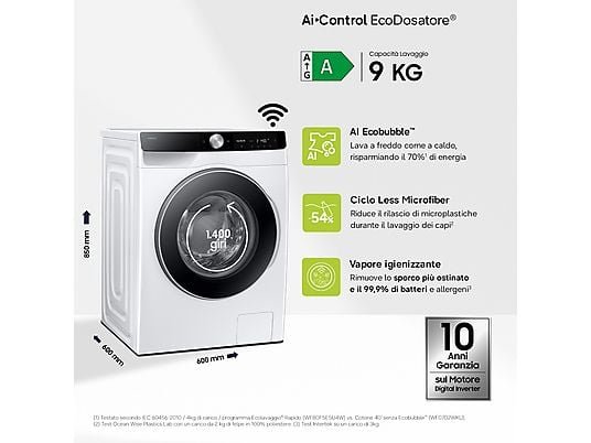 SAMSUNG WW90DG6U85LKU3 Lavatrice 9 Kg 1400 Giri AI Ecobubble con Dosaggio Automatico e Wi-Fi