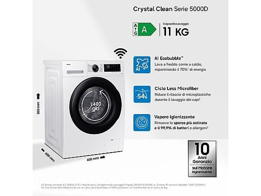 SAMSUNG WW11DG5B25AEET Lavatrice 11 Kg 1400 Giri Classe A con AI Ecobubble e Wi-Fi