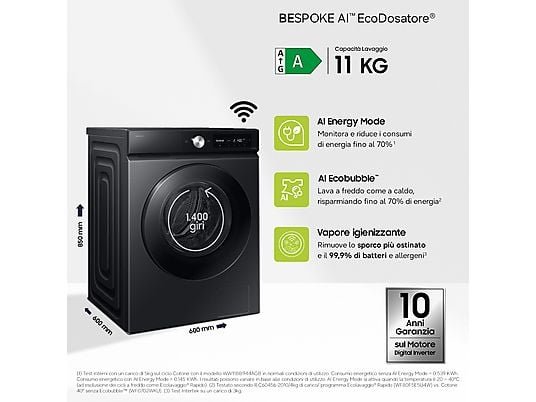 SAMSUNG WW11DG6B85LHU3 Lavatrice 11 Kg 1400 Giri Classe A AI Ecobubble Wi-Fi Vapore