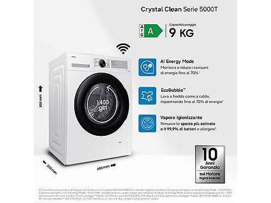 SAMSUNG WW90CGC04DAHET Lavatrice 9 Kg 1400 Giri Classe A EcoBubble Wi-Fi Vapore Igienizzante