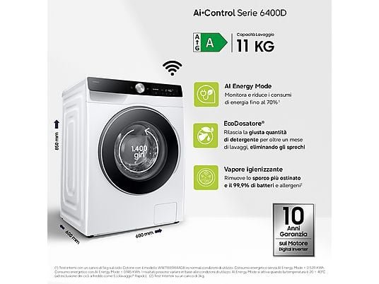 SAMSUNG WW11DG6B85LKU3 Lavatrice 11 Kg 1400 Giri Classe A AI Wash QuickDrive Wi-Fi