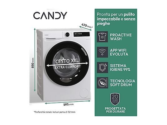 Candy BR 49SBL8-S Lavatrice Slim 9 Kg Classe A 1400 Giri Wi-Fi con Vapore
