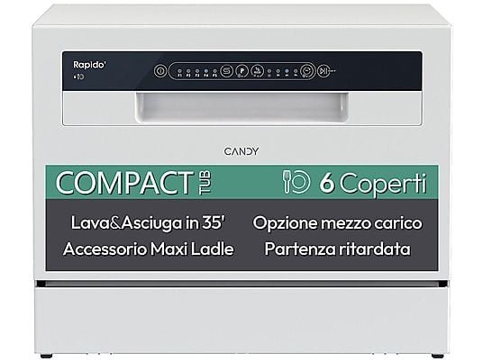 Candy Lavastoviglie Compatta Piano Tavolo CP 6E51LW - 55 cm, Bianco, Classe E