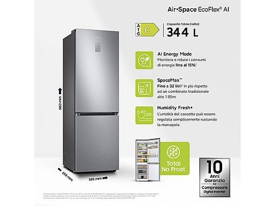Samsung Frigorifero Combinato Libera Installazione RB34C775CS9/EF - 185 cm, No Frost, Wi-Fi, Metal Inox, Classe C