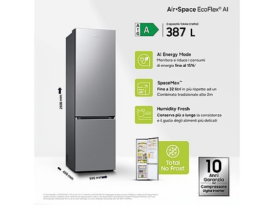 Samsung Frigorifero - 203 cm, No Frost, Wi-Fi, Metal Inox, Classe A