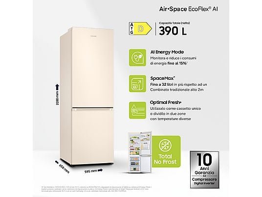Samsung Frigorifero Combinato Libera Installazione RB38C603DEL/EF - 203 cm, No Frost, Wi-Fi, Sabbia, Classe D