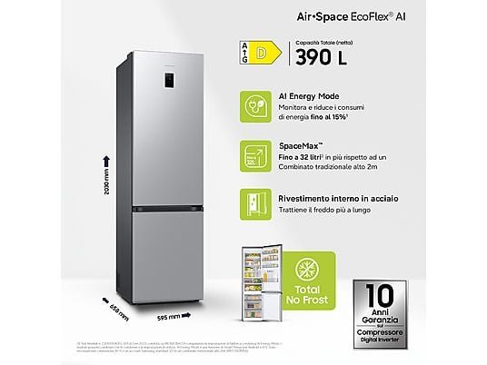 SAMSUNG RB38C774DSA/EF FRIGORIFERO COMBINATO, A 203 cm, 4 ripiani, Rumorosità 35 dB(A), Silver/Inox, Classe D
