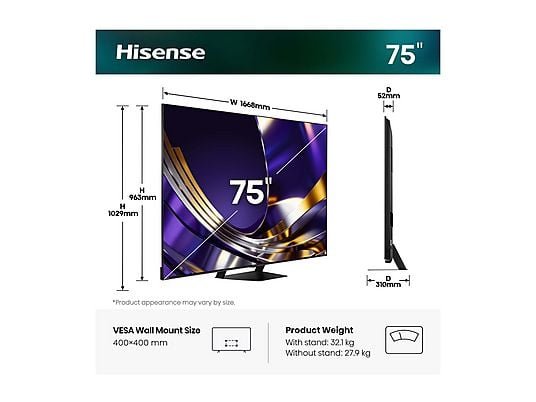 Hisense 75U7S PRO TV MiniLED 75" Smart TV VIDAA 4K UHD Native 165Hz Game Mode COD 75U7S PRO