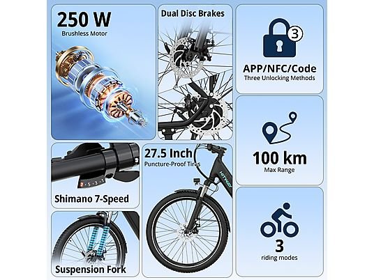 Hitway BK18S Citybike Elettrica Smart 250W 36V Ruote 27.5'' Sblocco App NFC Alluminio Nero