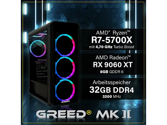 Greed Desktop Gaming MK2 AMD PC Fisso Ryzen 7 5700X RAM 32GB 1TB SSD RX 9060 XT Windows 11 Pro